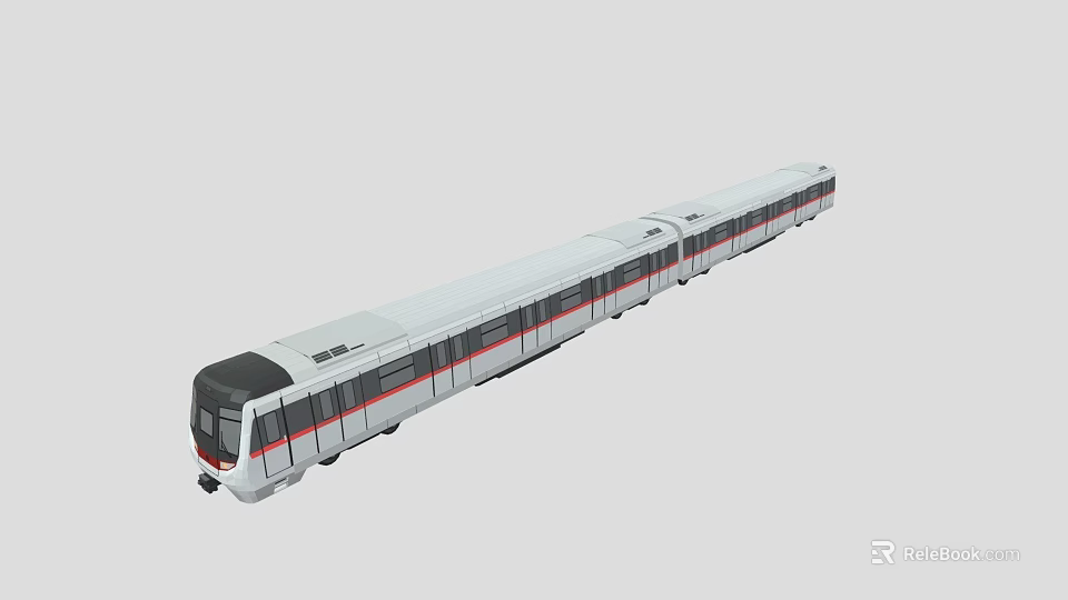 Modern White Urban Metro Train With Red Stripes Black Front And Multiple Carriages 3d model 
