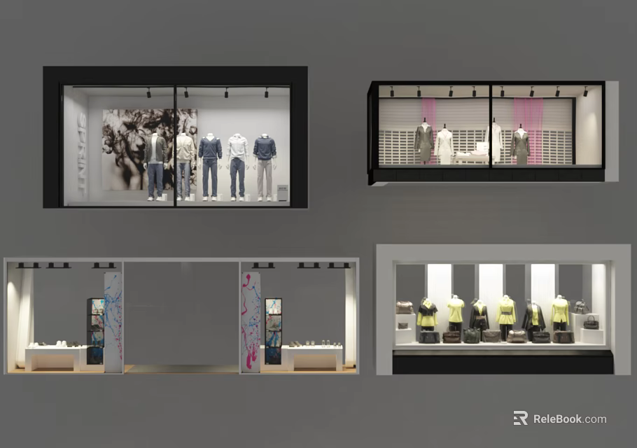 Modern Retail Shop Window Displays With Fashion Clothing Mannequins And Decorations 3d model 