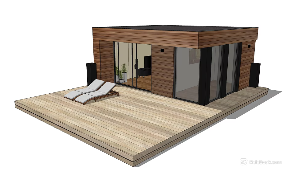 Modern Wooden Guesthouse With Large Glass Windows Wooden Deck And White Lounge Chairs 3d model 
