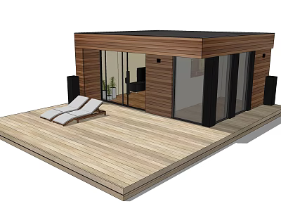 Modern Wooden Guesthouse With Large Glass Windows Wooden Deck And White Lounge Chairs 3d model