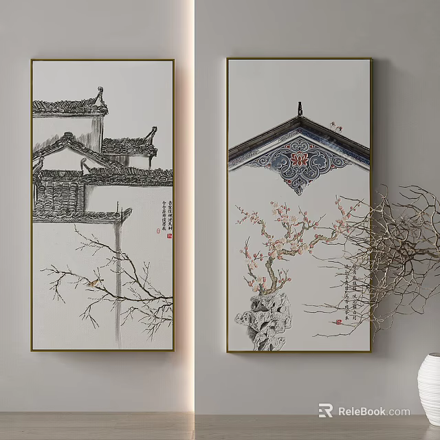 Chinese Style Wall Paintings With Traditional Architecture Roof And Plum Branches 3d model 