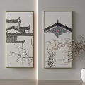 Chinese Style Wall Paintings With Traditional Architecture Roof And Plum Branches