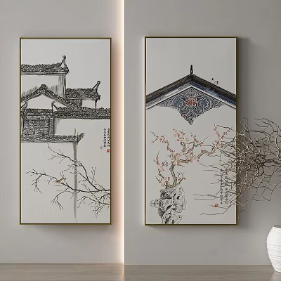 Chinese Style Wall Paintings With Traditional Architecture Roof And Plum Branches 3d model