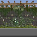 Garden Landscape Featuring Wooden Pergola Hanging Vines Brick Wall And Shelves With Plants