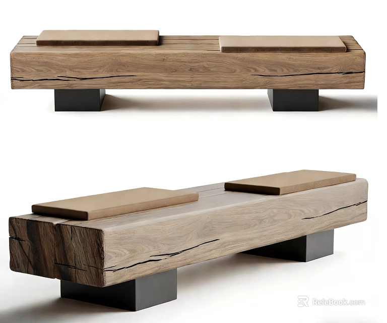 Modern Wooden Stool With Two Seats And Black Metal Legs Design 3d model 