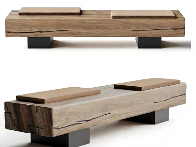 Modern Wooden Stool With Two Seats And Black Metal Legs Design 3d model