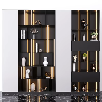 Modern Black Bookcase With Layered Shelves LED Lighting Decorative Vases Sculptures And Plants 3d model