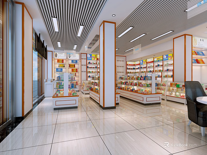 Bright Specialty Retail Store Interior With Shelves Glass Counters Displaying Products On White Tiled Floor 3d model 