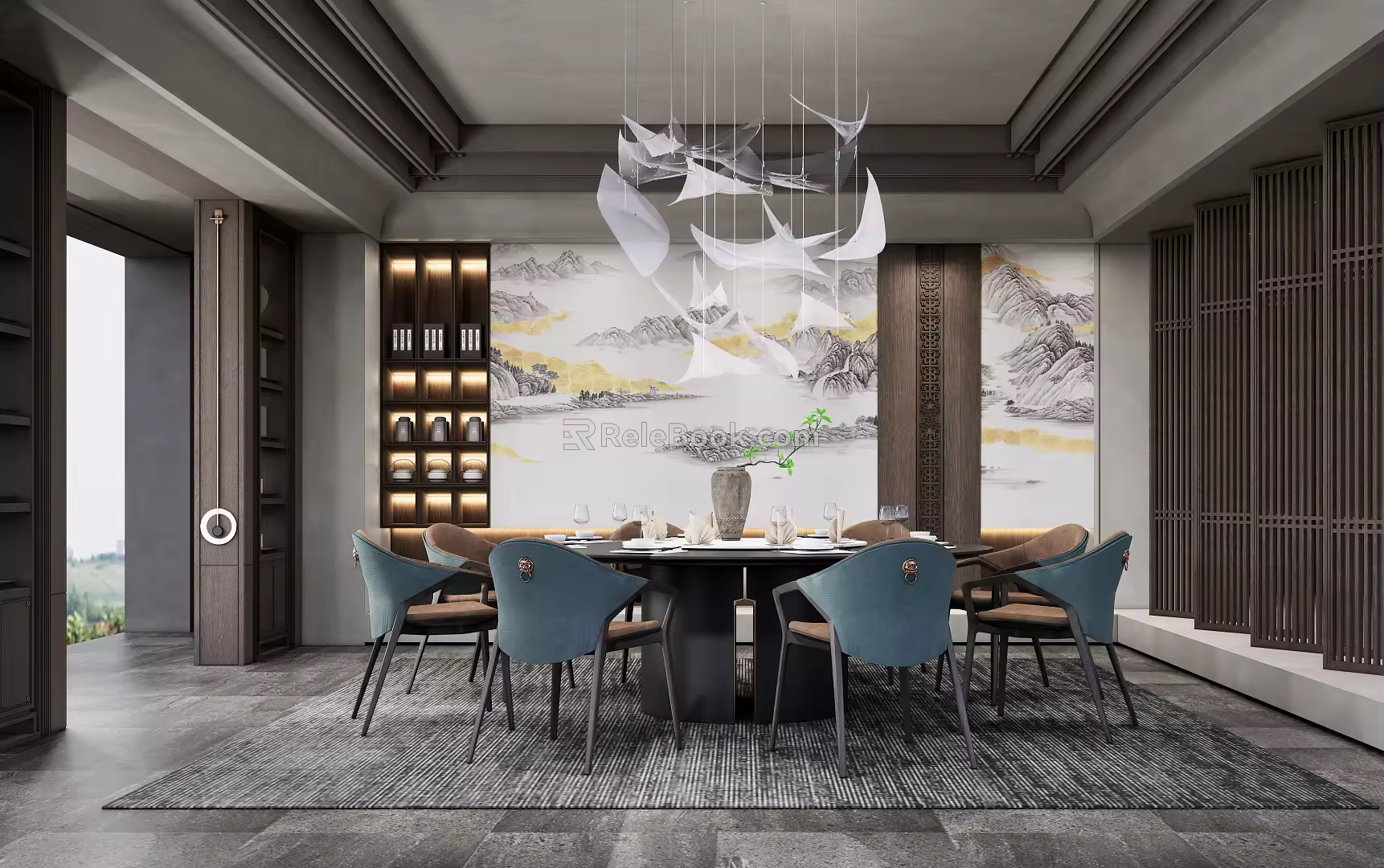 New Chinese Style Room Restaurant Dining Table and Chair Combination Chandelier Round Table 3d model