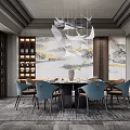New Chinese Style Room Restaurant Dining Table and Chair Combination Chandelier Round Table 3d model