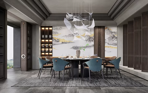 New Chinese Style Room Restaurant Dining Table and Chair Combination Chandelier Round Table 3d model