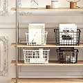 Wooden and Metal Frame Decorative Shelf with Black White Storage Baskets Magazines and Decorative Items