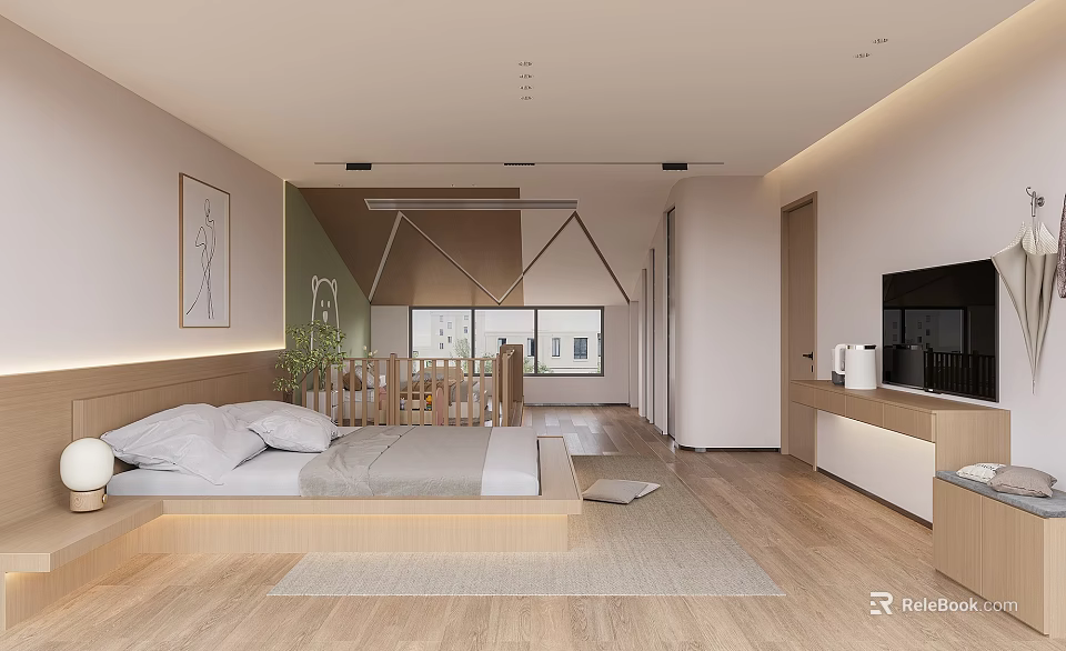 Minimalist Hotel Room Interior With Platform Bed Wooden Floor And TV 3d model 