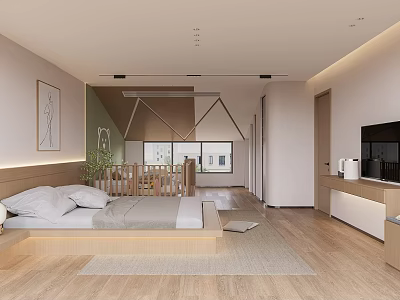 Minimalist Hotel Room Interior With Platform Bed Wooden Floor And TV 3d model