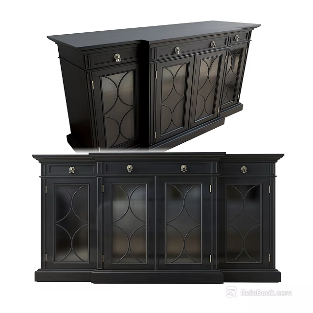 Elegant Black Dining Sideboard With Glass Doors And Decorative Patterns 3d model