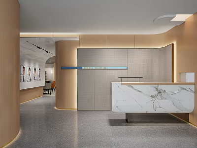 Modern Reception Desk With Wooden Walls Marble Countertop And Gray Flooring 3d model