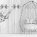 Golden Frame Hanging Chair With Gray Cushion Throw Pillows Green Vase And Pink Blossom Branches