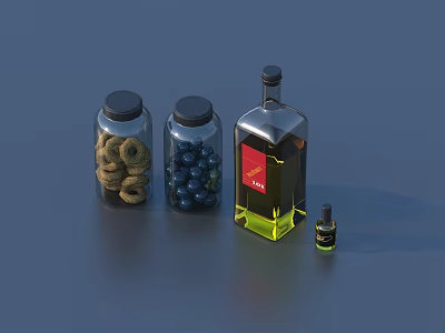 Glass Jars With Nuts Berries And Olive Oil Bottle For Kitchen Storage Supplies 3d model