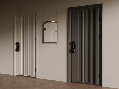 Modern Interior Swing Doors with Light Dark Vertical Slats and Wooden Floor Mirror 3d model
