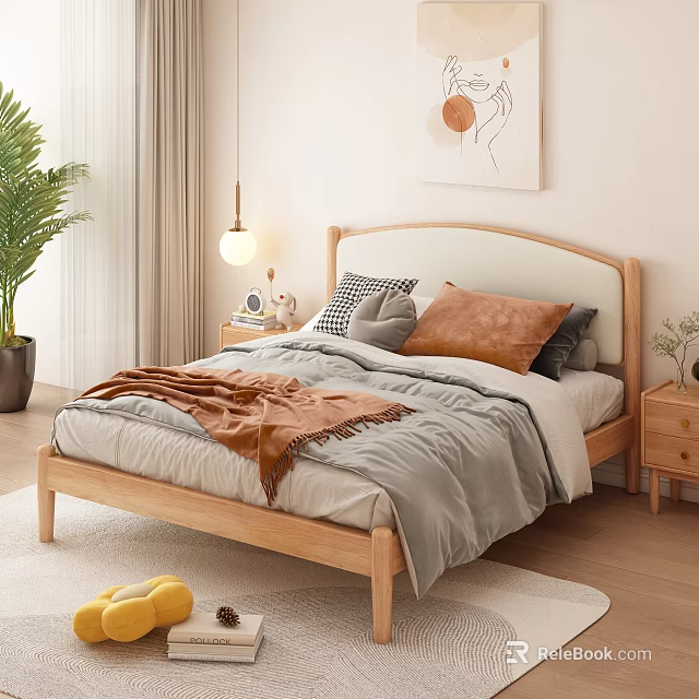 Double Bed with Wooden Frame Gray Quilt Orange Blanket and Pillows in Modern Minimalist Bedroom 3d model 
