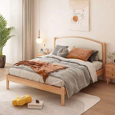 Double Bed with Wooden Frame Gray Quilt Orange Blanket and Pillows in Modern Minimalist Bedroom 3d model