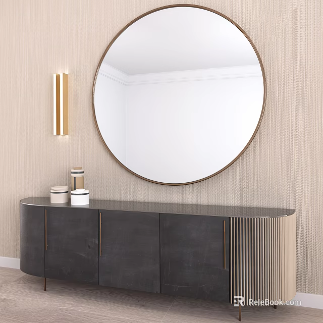 Stylish Entryway Cabinet And Sideboard With Round Mirror Wall Lamp Decorative Jars And Textured Wall 3d model 