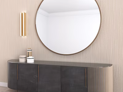 Stylish Entryway Cabinet And Sideboard With Round Mirror Wall Lamp Decorative Jars And Textured Wall 3d model