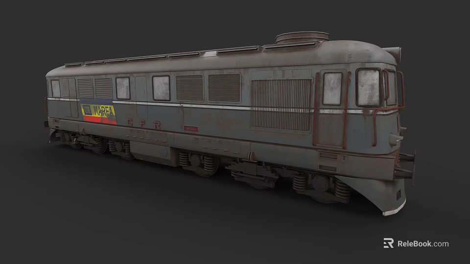 Vintage Rusty Gray Train Locomotive With Metal Carriage And Windows 3d model 