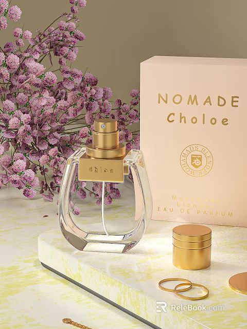 Chloe Nomade Eau de Parfum Perfume with Transparent Bottle Golden Cap and Purple Flowers 3d model 