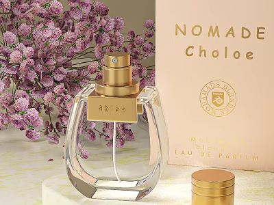Chloe Nomade Eau de Parfum Perfume with Transparent Bottle Golden Cap and Purple Flowers 3d model