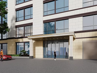 Modern Building Exterior With Large Glass Windows Beige Walls Entrance Canopy And Red Car 3d model