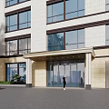 Modern Building Exterior With Large Glass Windows Beige Walls Entrance Canopy And Red Car