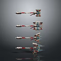 Spear Weapons Four Different Designs With Red White Blue Accents Metallic Texture And Intricate Structure