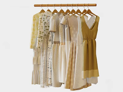 Light Colored Fashionable Clothes Hanging On Wooden Hangers With Striped And Dotted Patterns 3d model