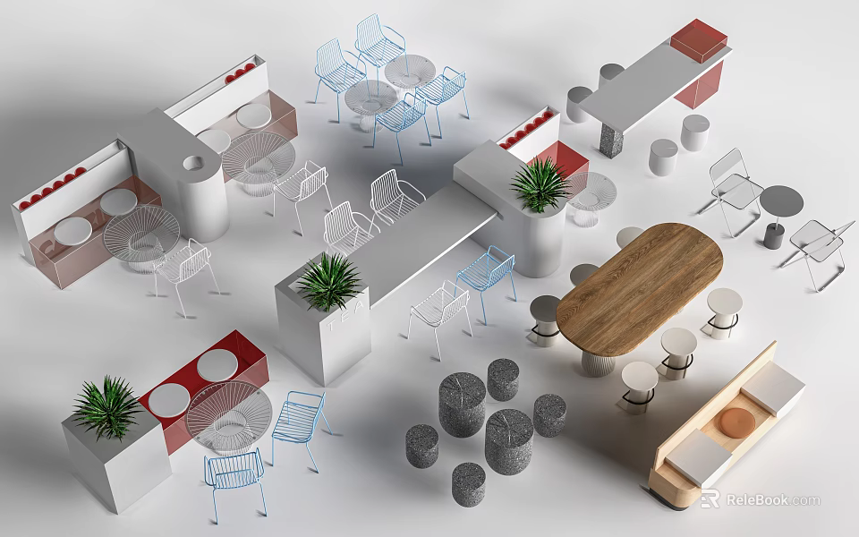 Modern Dining Table Setup With Wooden Top Metal Chairs And Potted Plants 3d model 