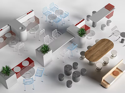 Modern Dining Table Setup With Wooden Top Metal Chairs And Potted Plants 3d model