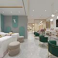 Modern Beauty Hair Salon Interior With Light Blue Walls Counter And Product Shelves