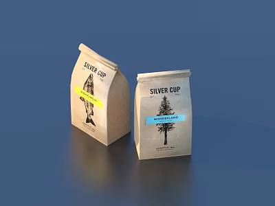 Practical Silver Cup Paper Coffee Bags With Tree Design Yellow And Blue Colored Labels 3d model