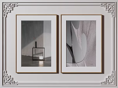 Two Framed Modern Artworks With Chinese Style Border On Decorative Wall 3d model