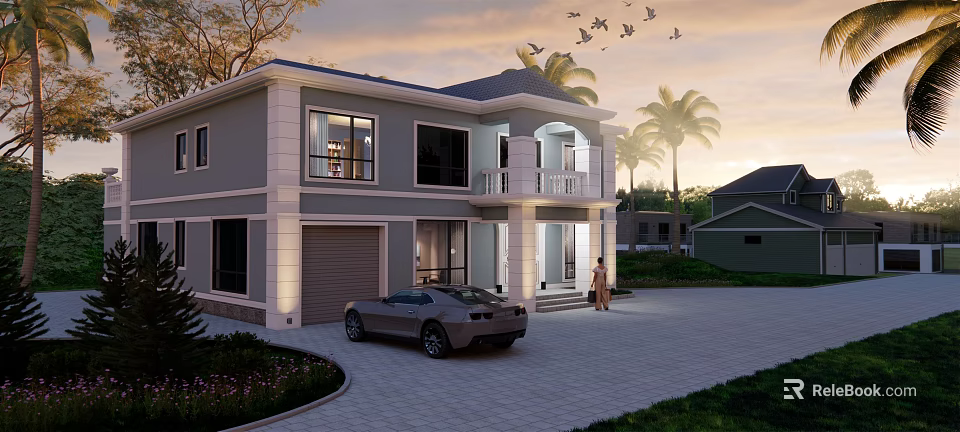 Modern Two Story Detached Villa With Garage Sports Car Driveway And Palm Trees At Sunset 3d model 