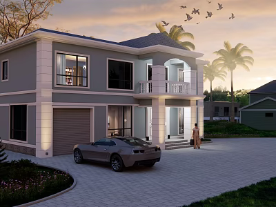 Modern Two Story Detached Villa With Garage Sports Car Driveway And Palm Trees At Sunset 3d model