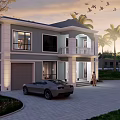 Modern Two Story Detached Villa With Garage Sports Car Driveway And Palm Trees At Sunset