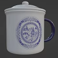 White Mug With Lid Featuring Intricate Blue Decorative Pattern On Ceramic Surface 3d model