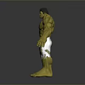 Hulk Toy With Green Skin Muscular Build Black Torn Shorts Standing Pose On Gray Background
