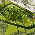 Park Landscape Featuring Green Lawn Curved White Pathways Trees and Wooden Bench