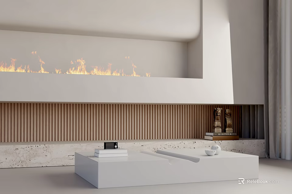 Modern White Coffee Table with Books Black Decor and Marble Base Near Fireplace Wooden Panel 3d model 