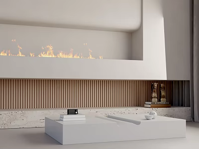 Modern White Coffee Table with Books Black Decor and Marble Base Near Fireplace Wooden Panel 3d model