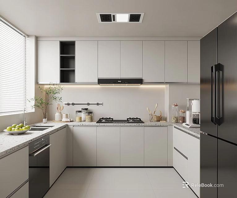 Modern Kitchen Interior Design with White Cabinets Stainless Steel Appliances Cooktop and Window Blinds 3d model 