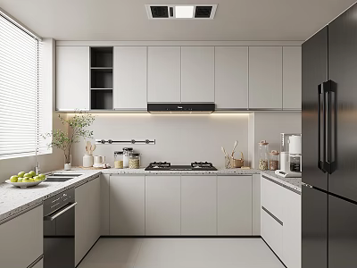 Modern Kitchen Interior Design with White Cabinets Stainless Steel Appliances Cooktop and Window Blinds 3d model