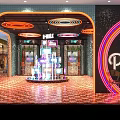 Public Facility With Circular Neon Ceiling Lights Multi Level Display And Checkered Floor
